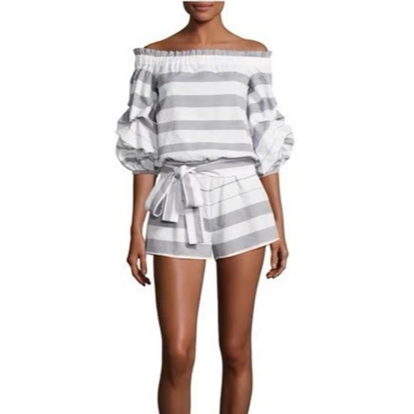 Alexis Striped Off-the-Shoulder Belted Short Romper Gray/White Women's Size S - Picture 1 of 5